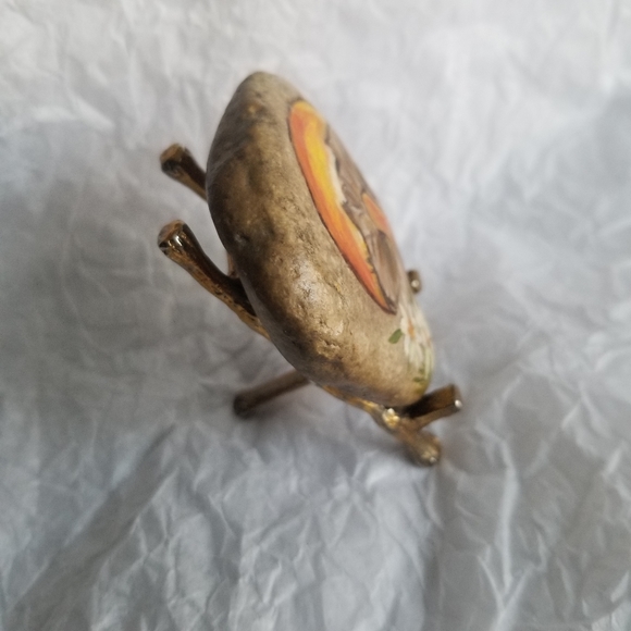 1960s Boho Hand painted Rock Mushroom,Flowers with Gold tone Easel, Miniature - Picture 5 of 6